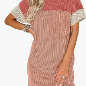 Womens Casual Summer Crewneck Short Sleeve Ribbed Mini Tshirt Dress - Me…